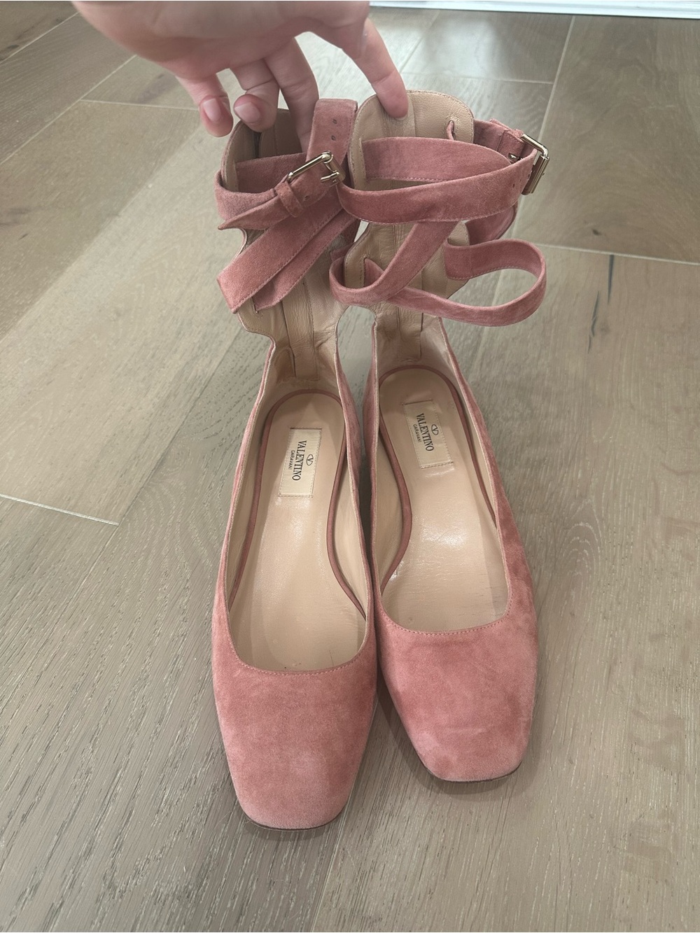 Valentino Garavani Dusty Rose Suede Ankle-Tie Flats